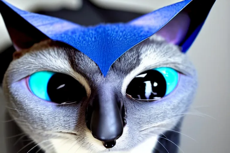 Image similar to a blue - and - black male catbat fursona with blue / green heterochromatic eyes and huge bat ears, photo of the catbat streaming on his computer