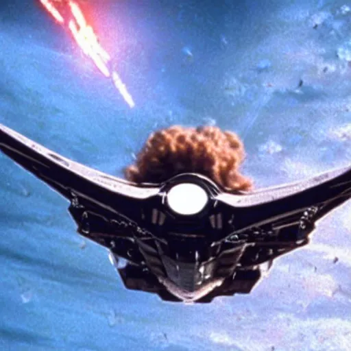 Prompt: movie still from independence day (1996), rendering of jennifer lawrence flying an alien ship,