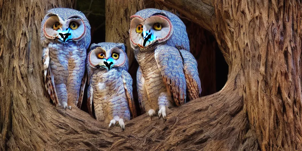 Image similar to A giant two-headed owl with red and blue eyes sitting on a throne carved in a big tree, moonlight, natural light, Cinematic level shot, dynamic pose, award winning photograph, photorealism, beautiful lighting, sharp, details, hyper-detailed, HDR, 8K