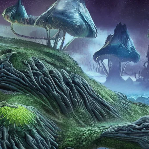 Prompt: An otherwordly, alien landscape with strange plants and creatures, realistic, ultra high detail.