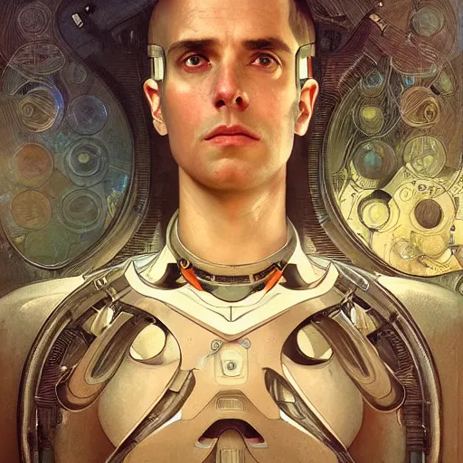 Prompt: portrait of a middle aged male android, coy, circuitry visible in head, in the style of ex machina, karol bak, alphonse mucha, greg rutkowski, award winning, hr giger, artstation