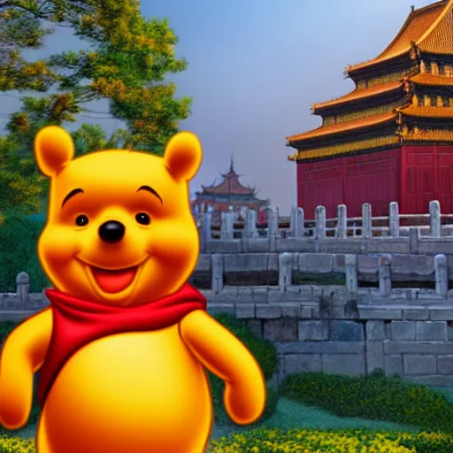 Prompt: winnie the pooh explores the forbidden city in china, award winning photgraphy, extremely detailed artstation 8 k sensual lighting epic composition