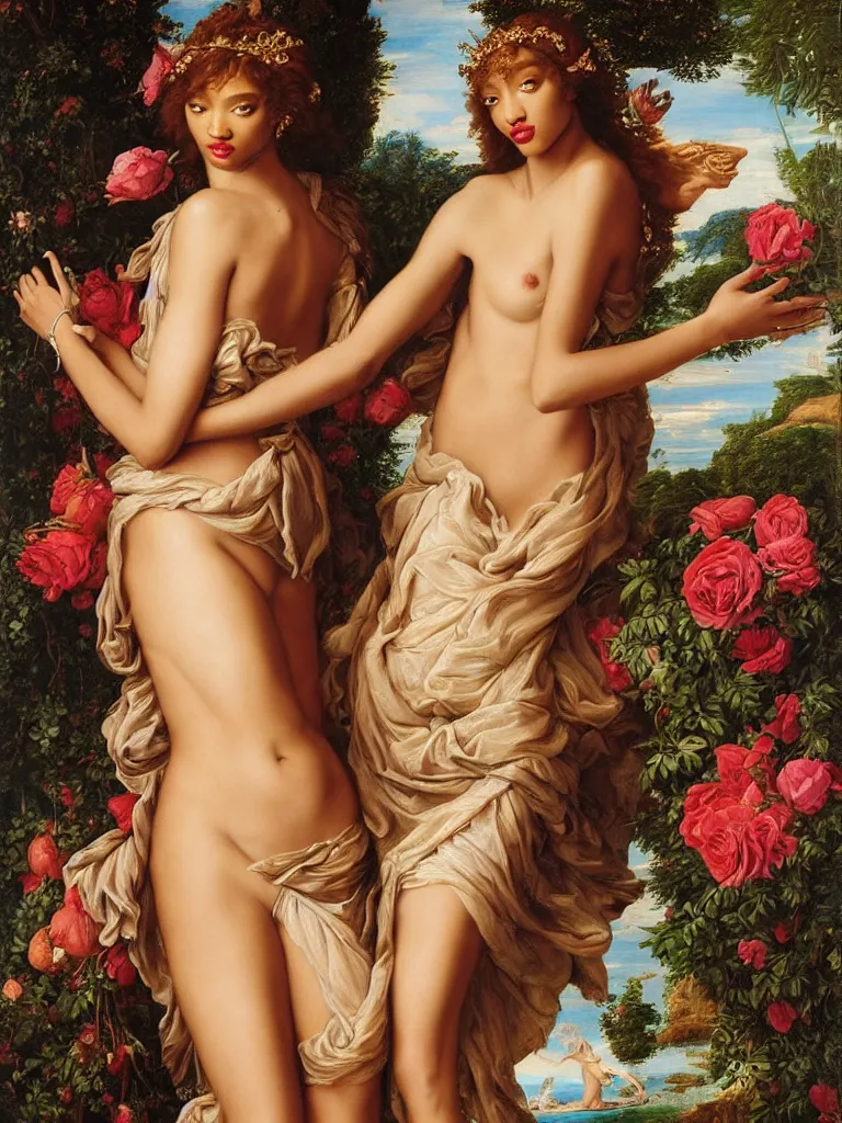 Image similar to regal portrait of jourdan dunn as aphrodite, goddess of love : : the birth of venus : : background of roses, myrtle, doves : : rococo, academicism
