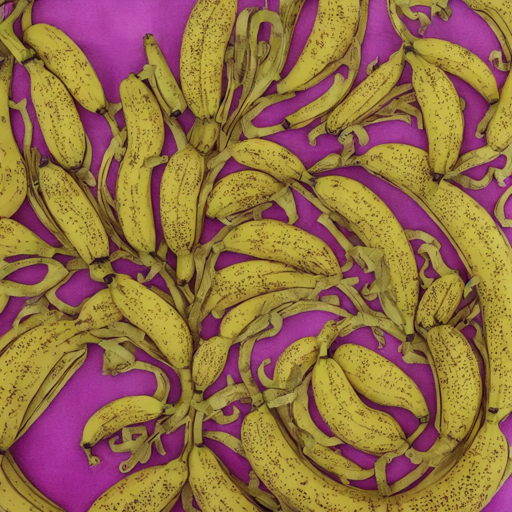 Prompt: fractal bananas, inside art nouveau embroidered plate with petal shape. closeup, hyper real, food photography, high quality