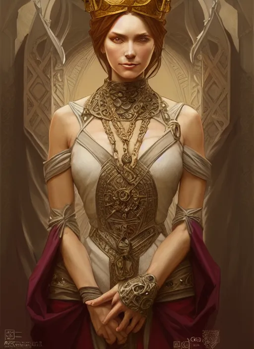 Prompt: medieval old queen, rpg character, intricate, elegant, highly detailed, digital painting, artstation, concept art, smooth, sharp focus, illustration, art by artgerm and greg rutkowski and alphonse mucha, 8 k