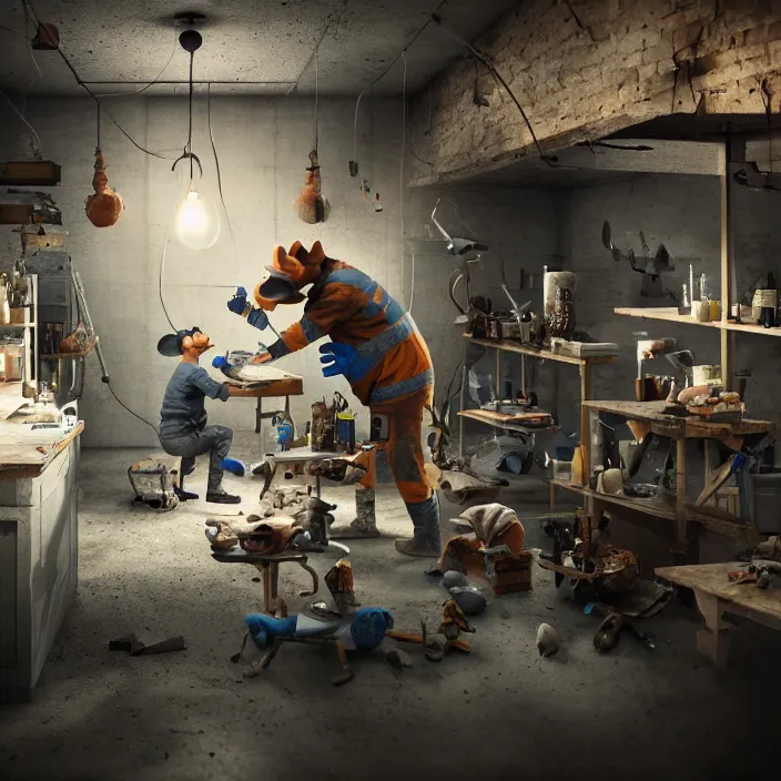 Image similar to gritty crew of workers building mouse head in small workshop, octane render, 4 k ultra hd, hyper - detailed, realistic, sharp focus, in style of beeple