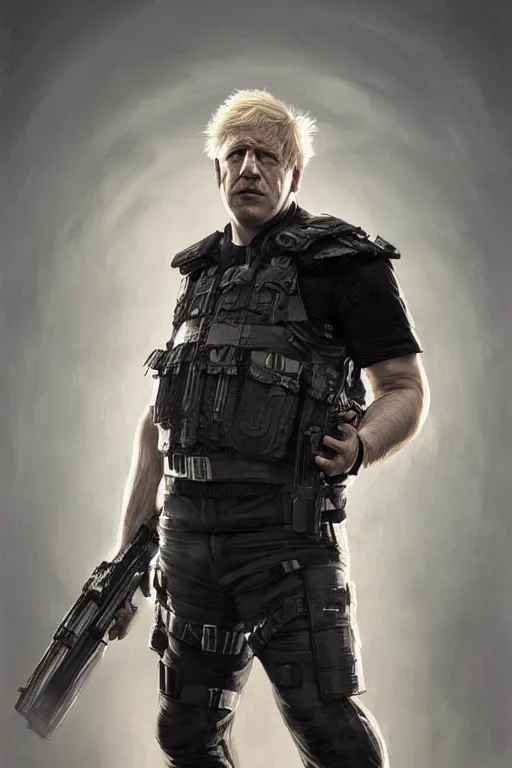 Image similar to Boris Johnson as Punisher, bulletproof vest, realistic portrait, symmetrical, highly detailed, digital painting, artstation, concept art, smooth, sharp focus, illustration, cinematic lighting, art by artgerm and greg rutkowski and alphonse mucha