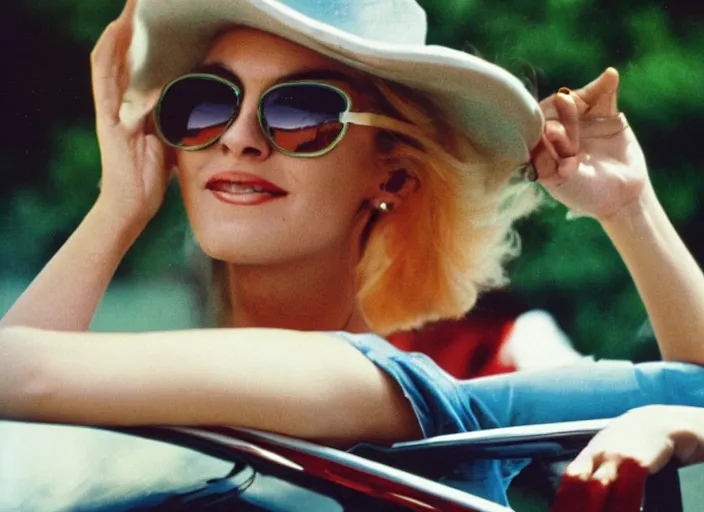 Prompt: color photo of a cool woman wearing sunglasses drinving a wolksvagen cabriolet the 8 0's