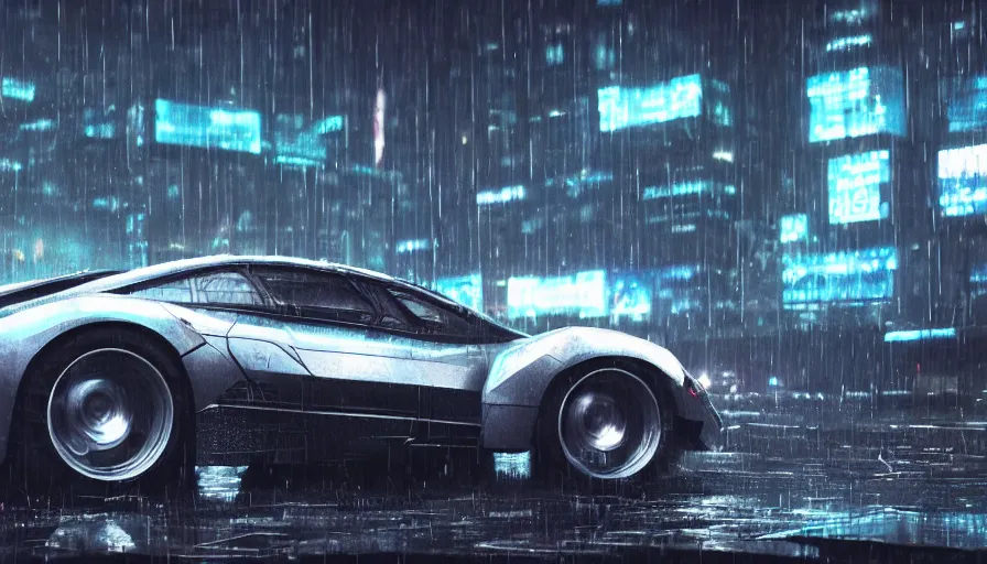 Prompt: a picture of a car in the rain, cyberpunk art by fyodor vasilyev, zbrush central contest winner, cubo - futurism, synthwave, darksynth, retrowave