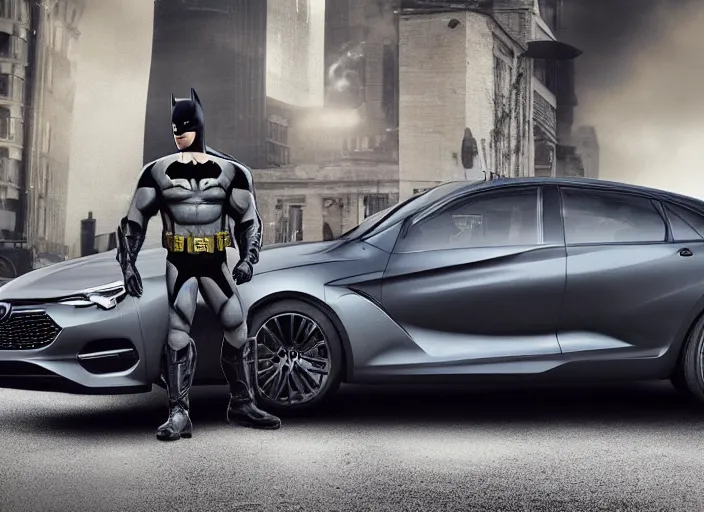 Image similar to batman standing next to 2 0 2 2 opel sedan, vehicle photography