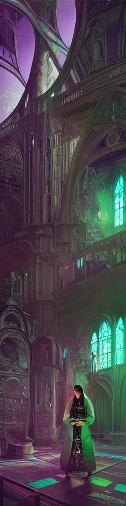 Image similar to Interplanetary cathedral snake oil engineering alchemical locomotive pharmaceutical industrial petroleum oil rig apothecary bull run serum cathedral, fantasy, portrait, sharp focus, intricate, elegant, digital painting, artstation, matte, highly detailed, concept art, illustration, volumetric lighting, purple green color scheme, art by Ilya Kuvshinov, artgerm