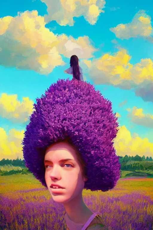 Image similar to portrait, giant lilac flower as head, girl in heather field, surreal photography, golden hour, colorful clouds, impressionist painting, digital painting, artstation, simon stalenhag