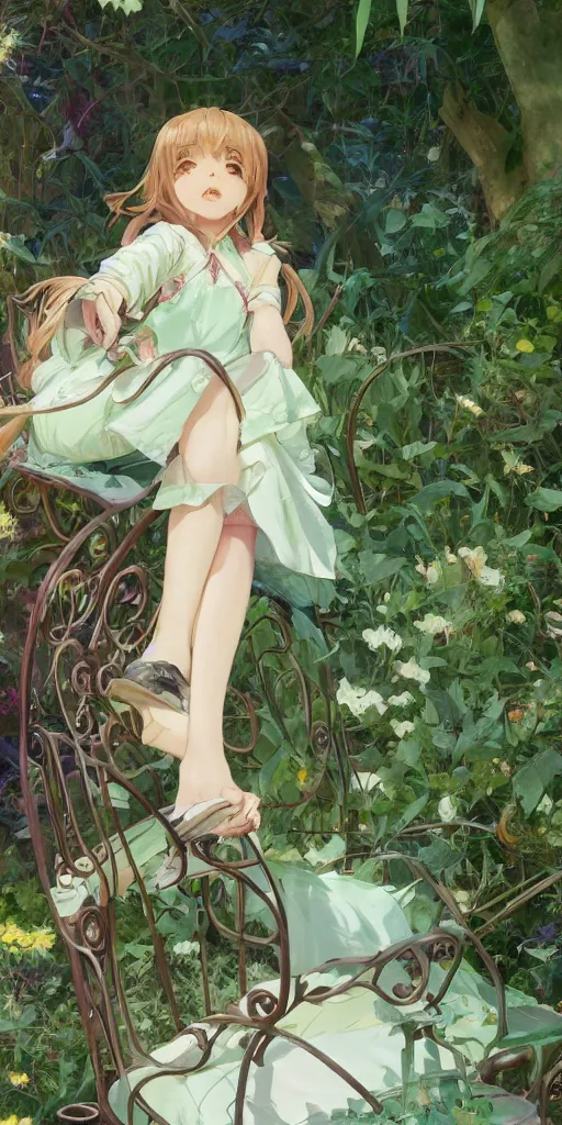 Image similar to a close up of a loli with long hair in a dress sitting on a metal garden chair in the privet garden at afternoon, green and warm theme, back lighting, by krenz cushart and mucha and akihito yoshida and greg rutkowski and makoto shinkai and studio ghibli, detailed eyes, 4 k resolution, trending on art station