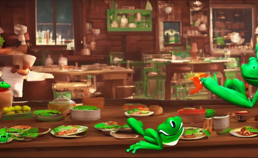 Image similar to ps 5 game about a cute frog chef in italy, unity screenshot,