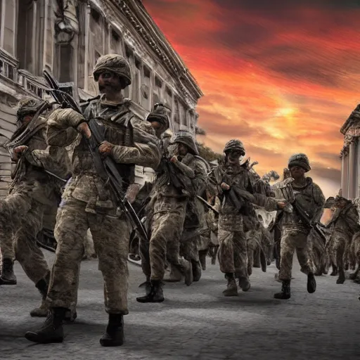 Prompt: Soldiers storming the capital, highly detailed, photorealistic, 4K