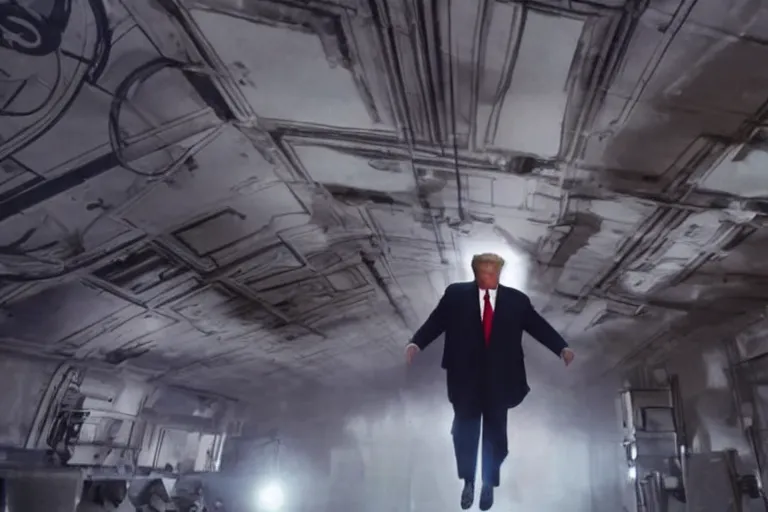 Image similar to movie still of donald trump in mission impossible ceiling, cinematic lighting