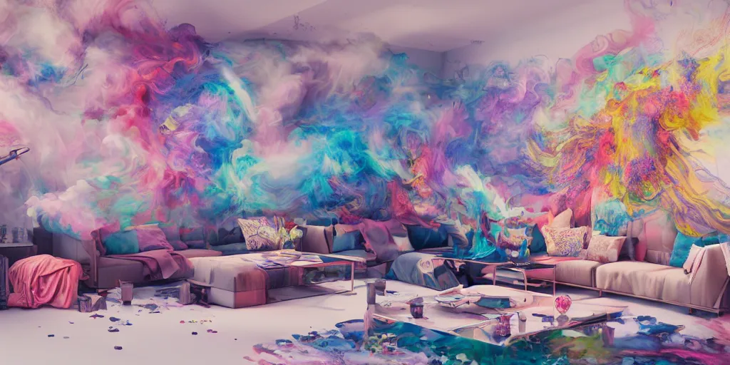 Prompt: an insanely intricate photo of a modern living room full of insane detailed colorfull smoke, clean architecture, pictures in the wall, flying soap boubles, pastel colored, intricate detailed 3 d render, hyper realistic intricate acrilic fluid art, intense colors, wide shot, octane render, concept art, daylight, peaceful, 8 k