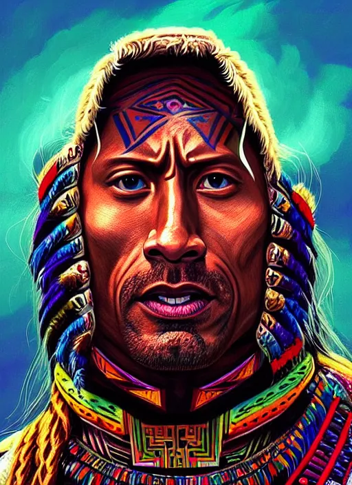 Image similar to portrait of dwayne johnson, hyper detailed ultra sharp aztec shaman warrior. trending on artstation, warpaint aesthetic, bloodwave, colorful, psychedelic, ornate, intricate, digital painting, concept art, smooth, sharp focus, illustration, art by artgerm and greg rutkowski and h. r. giger, 8 k