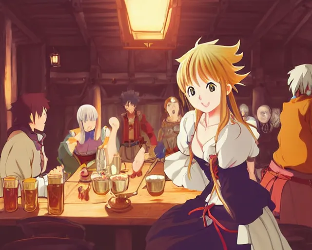 Prompt: anime visual, portrait of a young female traveler in a busy fantasy medieval tavern interior, cute face by yoh yoshinari, seven deadly sins anime, studio lighting, dynamic pose, dynamic perspective, strong silhouette, anime cels, cel shaded, slayers, in focus, rounded eyes