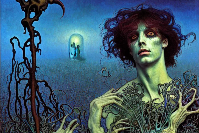 Image similar to realistic detailed portrait painting of a beautiful male zombie, nightly graveyard landscape background by Jean Delville, Amano, Yves Tanguy, Alphonse Mucha, Ernst Haeckel, Edward Robert Hughes, Roger Dean, masterpiece, cinematic composition, dramatic pose, 4k details, rich moody colours, blue eyes