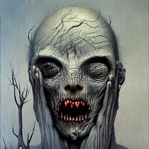 Image similar to nightmare painted by zdzisław beksinski