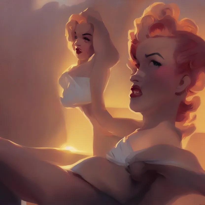 Image similar to a cinematic marilyn monroe, octane render, hyperrealistic, at sunrise, by edward hopper jesper ejsing, by rhads, makoto shinkai and lois van baarle, ilya kuvshinov, rossdraws