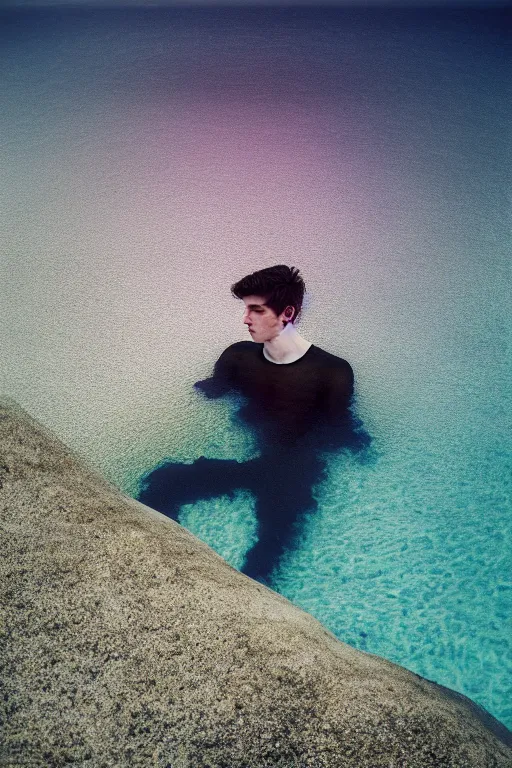 Image similar to high quality pastel coloured film mid angle docu photograph of a beautiful young 2 0 year old male, soft features, short black hair, clothed and painting an icelandic black rock pool environment. atmospheric. three point light. photographic. art directed. ( pastel colours ). volumetric light. clearcoat. waves glitch. 8 k. filmic.