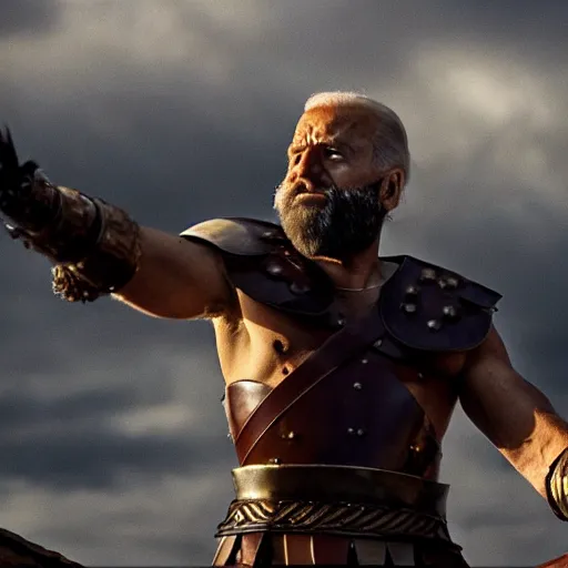 Image similar to cinematic action shot of joe biden as leonidas in 3 0 0 movie, 8 k, epic moody sky, dramatic lighting