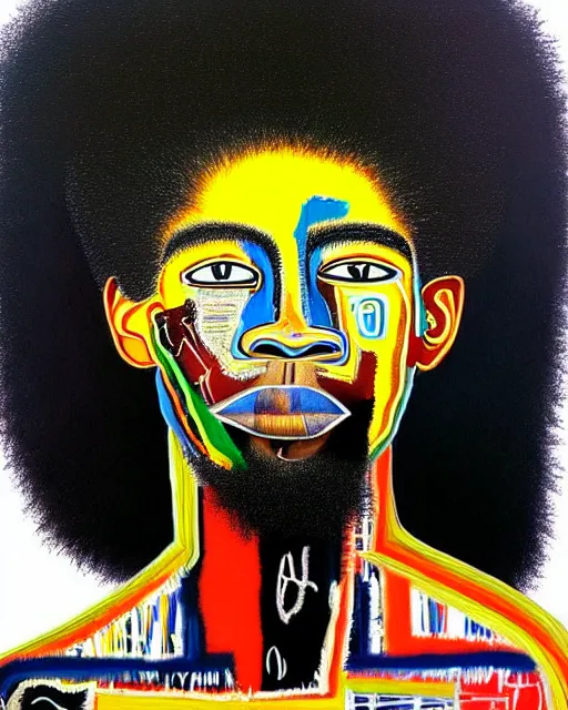 Image similar to A extremely ultra highly detailed majestic hi-res beautiful immaculate head and shoulders award winning painting stunning masterpiece of the face of a ultra highly detailed strong black African warrior man with an afro portrait by Jean-Michel Basquiat, 8k, high textures, ultra hyper sharp, insanely detailed and intricate, super detailed, 8k HDR ultra high quality, high detail, hyperrealist, photorealistic, octane render, cinematic, high textures, hyper sharp, 4k insanely detailed and intricate, surrealism, surrealist, real life, lifelike, 8k, hyper realistic, super detailed, realistic, 4k HDR hyper realistic high