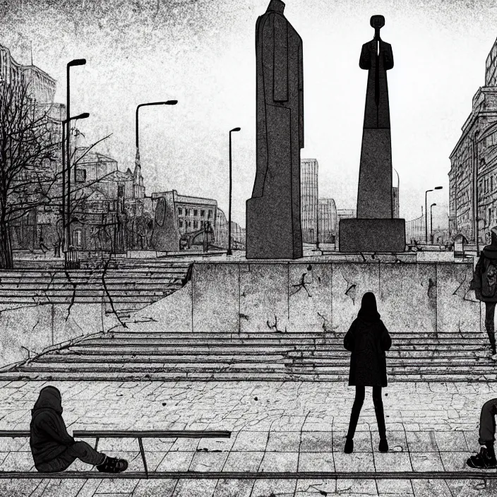 Image similar to storyboard : sadie sink in hoodie sits on bench in ruined square, pedestrians walk by, soviet monument and propaganda posters. scifi cyberpunk. by gabriel hardman. cinematic atmosphere, detailed and intricate, perfect anatomy