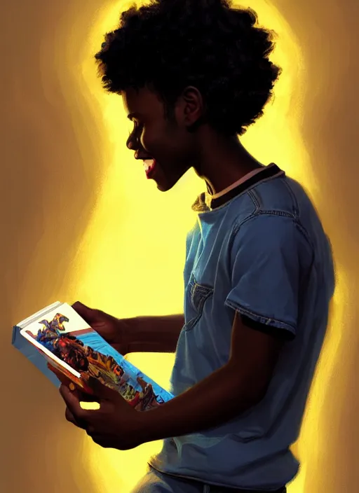 Image similar to portrait of teenage chuck clayton, black teenage boy, short curly hair, short hair square jaw, slight excited smile, reading a comic book, intricate, elegant, glowing lights, highly detailed, digital painting, artstation, concept art, smooth, sharp focus, illustration, art by wlop, mars ravelo and greg rutkowski