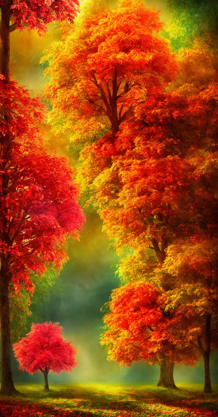 Prompt: realistic photo of colorful autumn trees and leafs, very sharp focus, very hyper realistic, highly detailed, fantasy art station