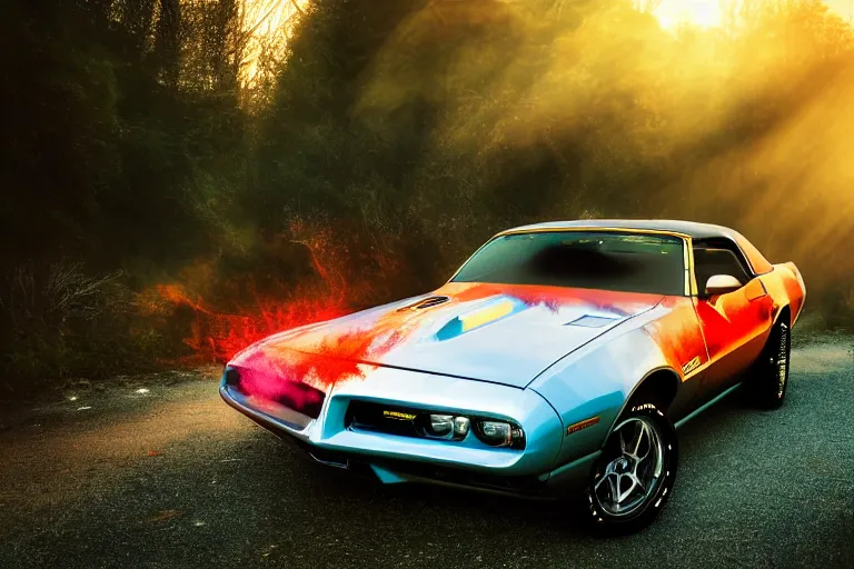 Prompt: pontiac firebird with grafitti tag on side, sunrise, dramatic, cinematic, forest, sunbeams, volumetric lighting, wide shot, low angle, realistic pokemon creatures looking at car, pokemon