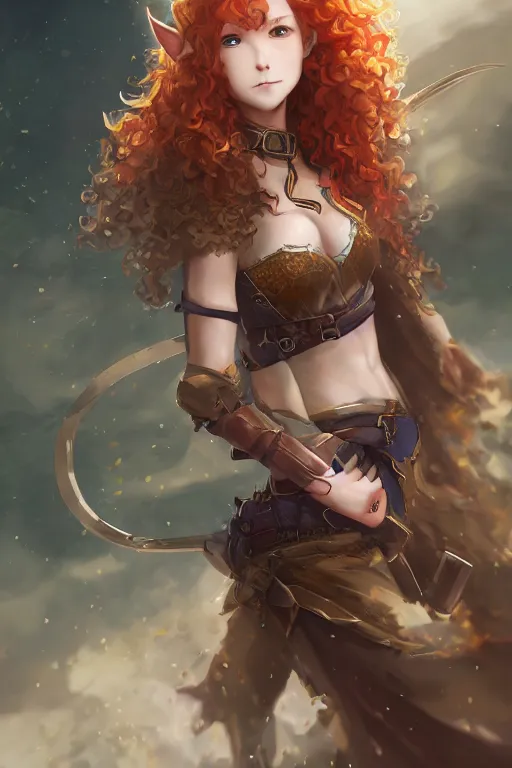 Image similar to A beautiful anime portrait of a curly haired redhead female elf, rpg ranger outfit, elven bow, by Stanley Artgerm Lau, WLOP, Rossdraws, James Jean, Andrei Riabovitchev, Marc Simonetti, and Sakimichan, tranding on artstation