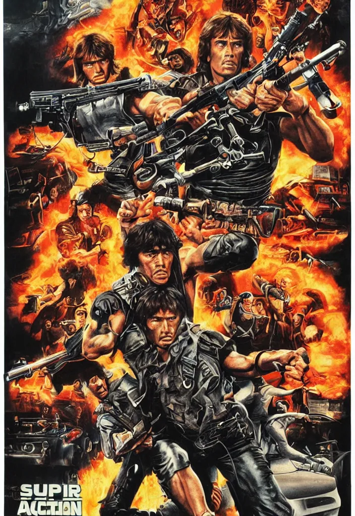 Image similar to 1 9 8 0's super duper action movie poster, rambo, conan, he - man, robocop, skeletor, explosions, guns, fast cars, glossy high quality print