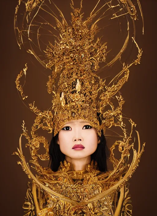 Image similar to a portrait of asian female by stefan geselle and nekro borja, hyper realistic, fantasy, elegant, baroque gold headpiece, photorealistic, canon r 3, photography, wide shot, symmetrical features, symmetrical pose, wide angle shot, head to toe, standing pose, feet on the ground, wearable art