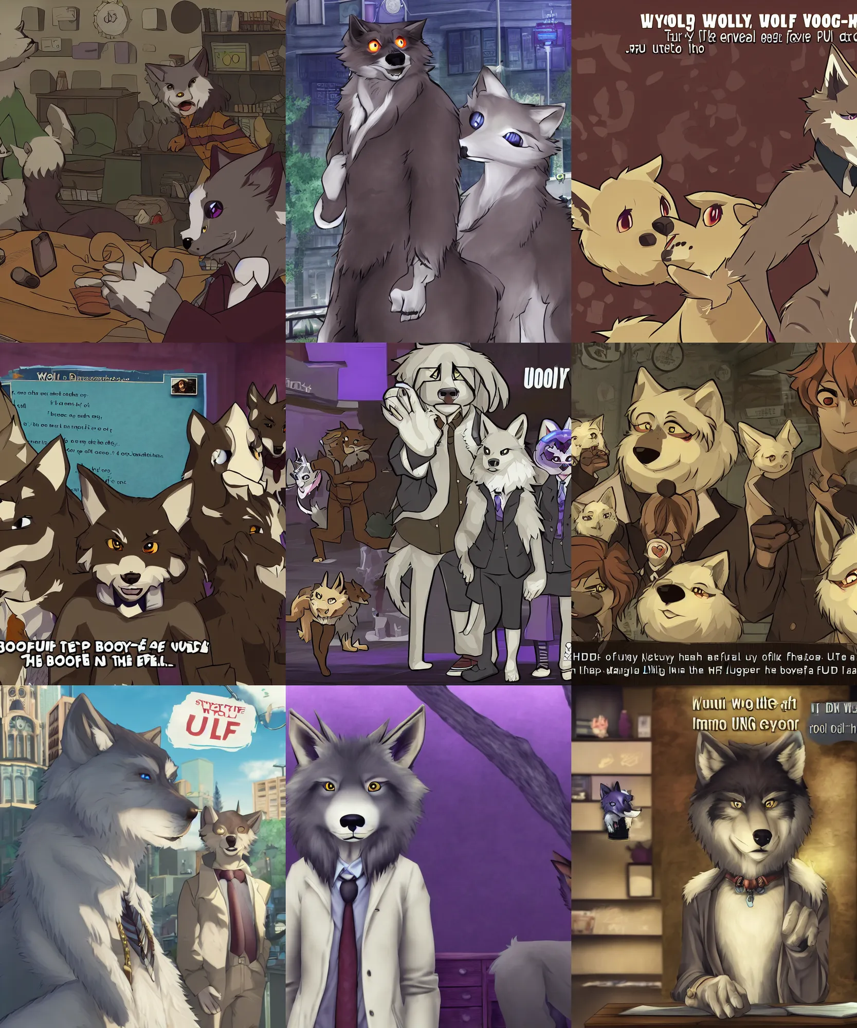 Prompt: furry - wolf - detective - fursona uhd ue 5 visual novel pc game screenshot : mystery of the booped snout