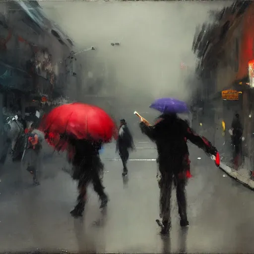 Image similar to ravens attacking man with red umbrella, by jeremy mann.