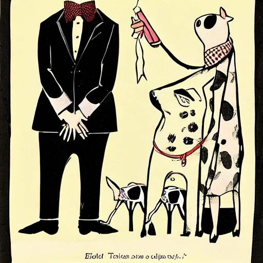 Image similar to a pig in a tuxedo, illustration by Edward Gorey