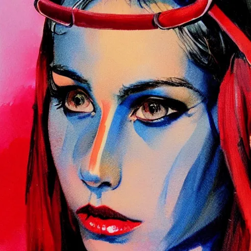 Image similar to detailed details photorealistic beautiful girl wearing devil horn headband in the style of bob peak and alex ross, gouache and wash paints color, detailed details facial and body and human and environments and proportionate, detailed 5 k details.