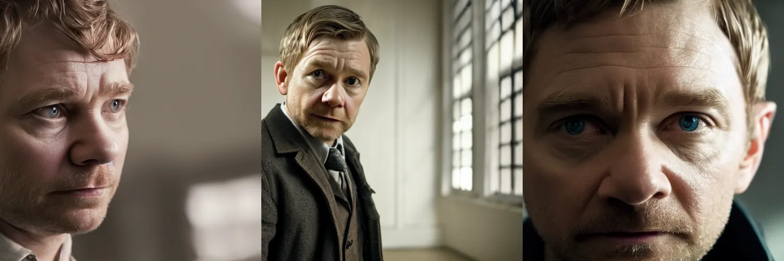 Prompt: close-up of Martin Freeman as a detective in a movie directed by Christopher Nolan, movie still frame, promotional image, imax 70 mm footage