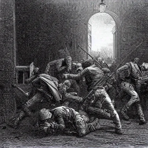 Prompt: A scene from Counter Strike, wood engraving, by Gustave Dore