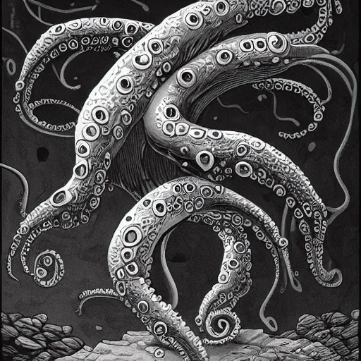 Prompt: a tentacled abomination surfacing on the shores of an underground ocean, cavern, dark