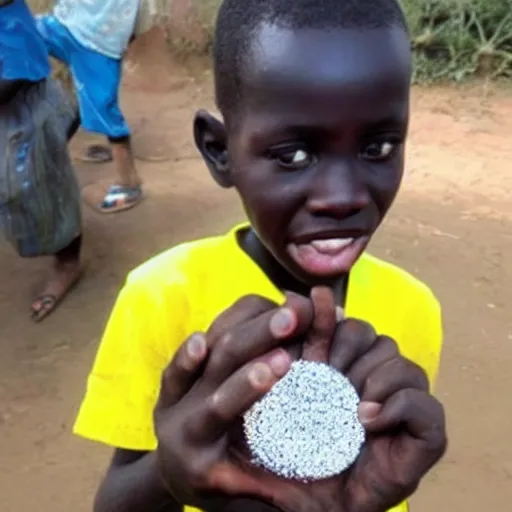 Prompt: poor kid in africa, finding a huge diamond and picking it up in his hand, looking impressed and amazed