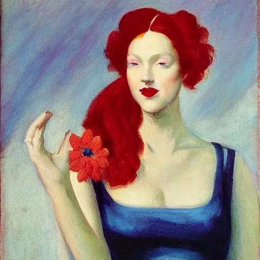 Image similar to Woman model appearance, flowers, Renaissance, red hair, coral lips, blue shadow, style Edward Hopper