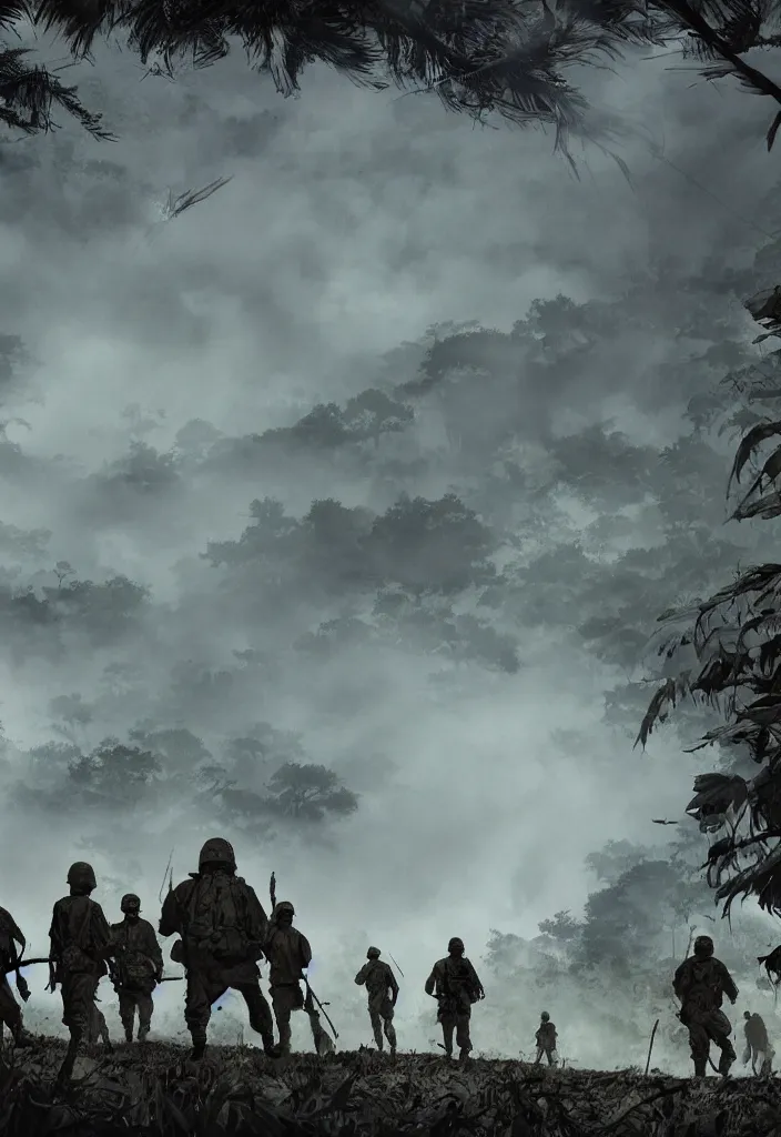 Image similar to handmade illustration of an epic and dramatic Vietnam war scene with a few american soldiers walking, the jungle at the background, some mist grey smoke and fire, blue sky with dramatic clouds, line art, ink, ol on canvas by Kilian Eng and by Jake Parker, heavy brushstrokes, winning-award masterpiece, fantastic, octane render, 8K HD Resolution, High quality image