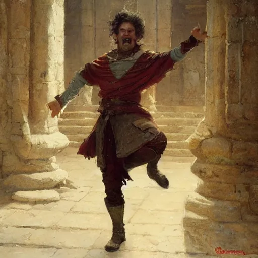 Image similar to an elated medieval chancellor, dancing a jig, character portrait by greg rutkowski, gaston bussiere, craig mullins