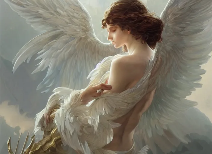 Prompt: a beautiful angel with feathered white wings, d & d, face, fantasy, intricate, elegant, highly detailed, digital painting, artstation, concept art, smooth, sharp focus, illustration, art by artgerm and greg rutkowski and alphonse mucha