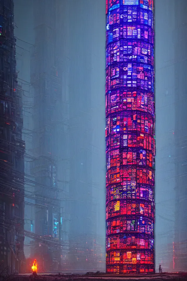 Image similar to cyberpunk tower made out of billions of stacked computer screens by simon stalenhag and dan mumford