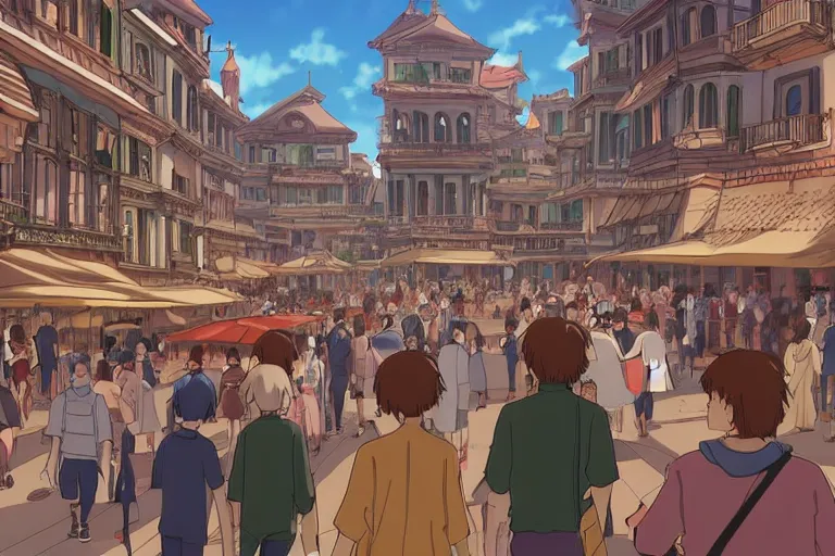 Prompt: cell shaded anime key visual of a renaissance city square, crowds of people, in the style of studio ghibli, moebius, makoto shinkai, dramatic lighting